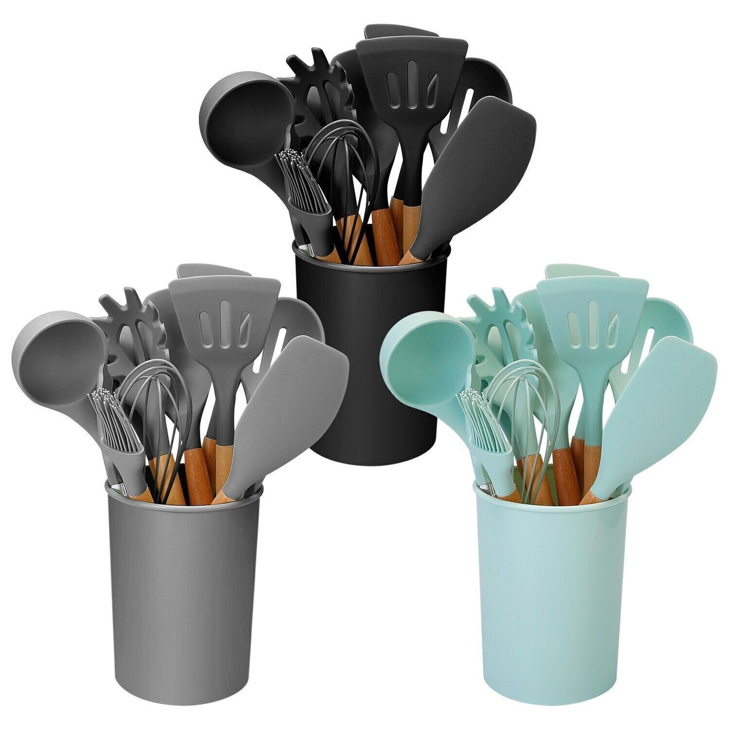 11Pcs Kitchen Silicone Cooking Utensil Set with Holder Heat Resist Wooden Handle