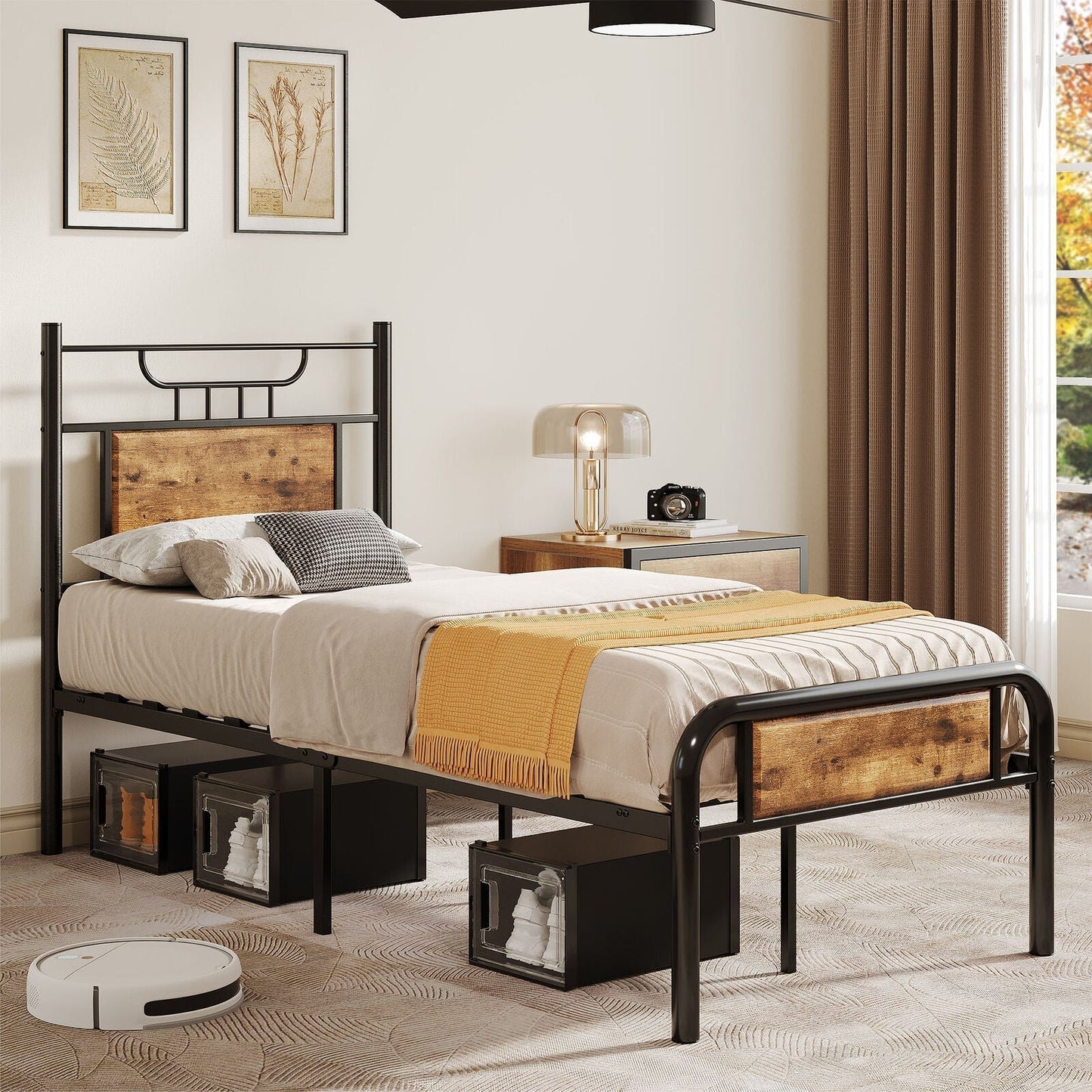 Twin Size Metal Bed Frame with Headboard & Footboard – Heavy Duty Platform, Wood Slats, No Box Spring Needed, 350lb Capacity, 11.8" Storage Space