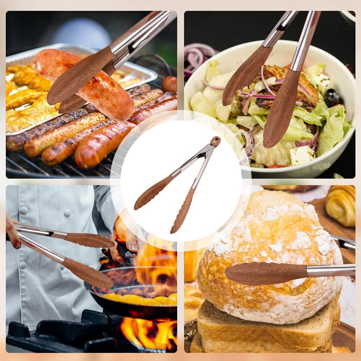 Walnut Wood Kitchen Tongs Food Serving Grill Multi Purpose Cooking Tongs