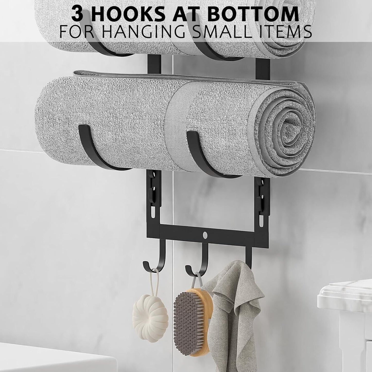 Towel Racks for Rolled Towels - Wall Mounted Bathroom Towel Holder with Wood Shelf & 3 Hooks, Space-Saving Vertical Storage for Small Bathrooms