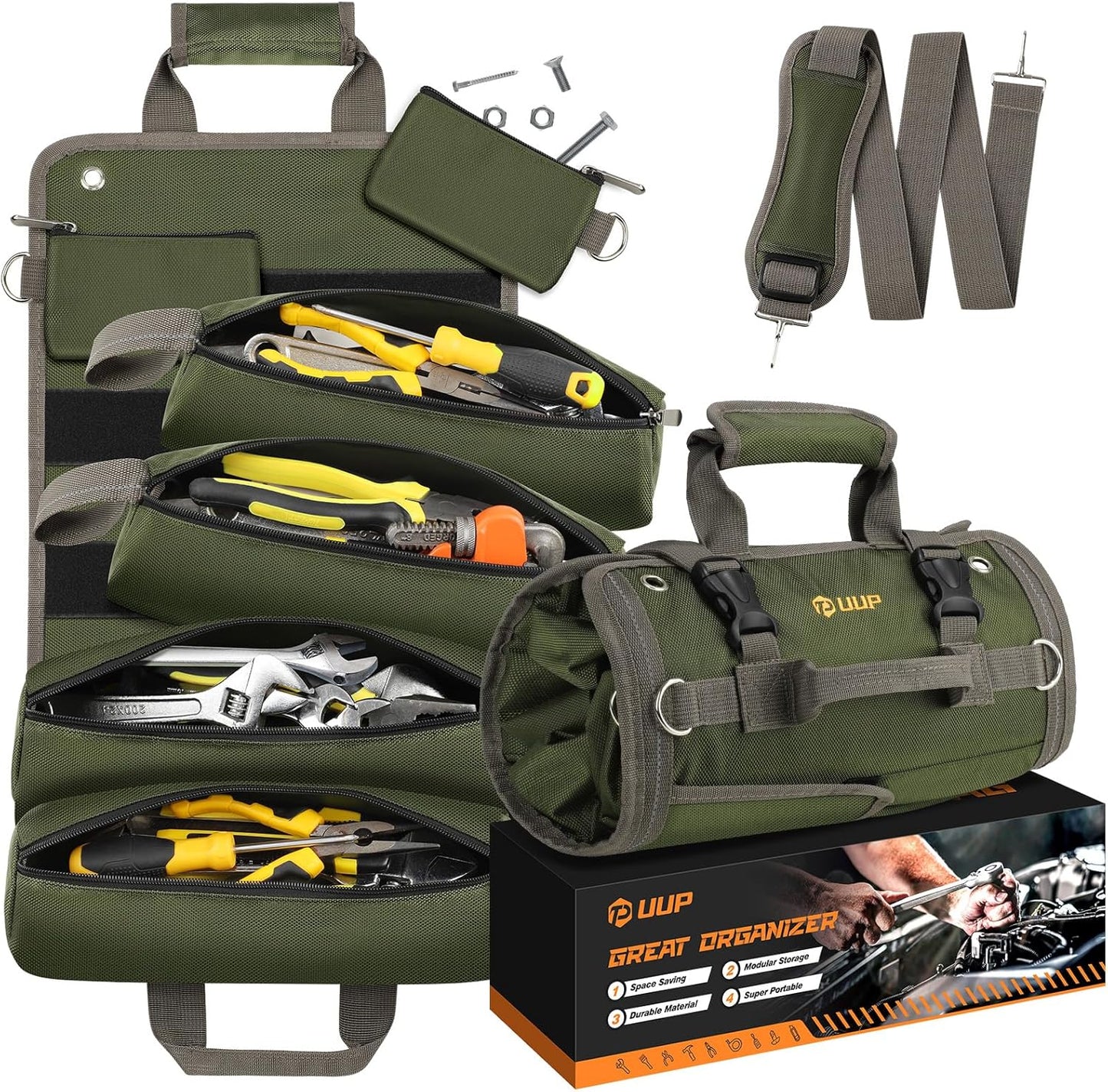 Tool Bag Roll Up, Heavy Duty Tool Organizer for Men Women, Portable Tool Storage with 2 Detachable Zipper Pouch, Compact Small Toolbag for Handyman RV Owners, Father Day Dad Birthday Gifts, Green