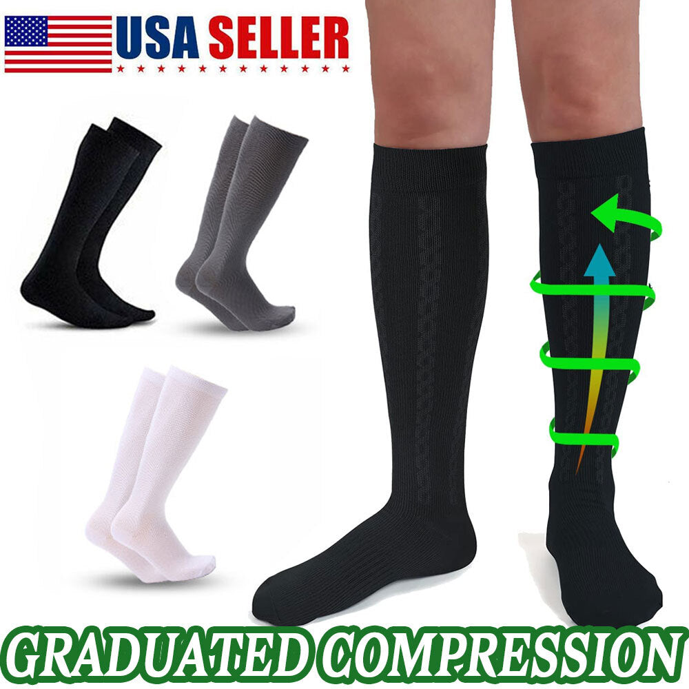 6 Pairs Support Socks Firm Compression Hose Opaque Knee High Wide Calf Stockings