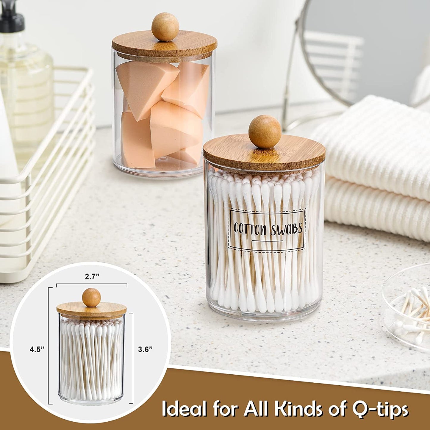4 Pack Qtip Holder Dispenser with Bamboo Lids - 10 Oz Clear Plastic Apothecary