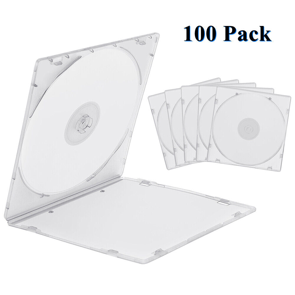 100 Pack Clear Slim CD/DVD Cases – Durable Poly Plastic Storage Box, Lightweight & Shatterproof for Disc Organization, Media Protection & Travel