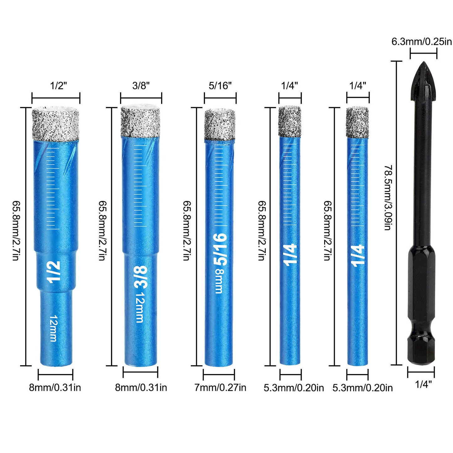 6PCS Dry Diamond Drill Bits Set for Porcelain Ceramic Granite Marble Stone Glass