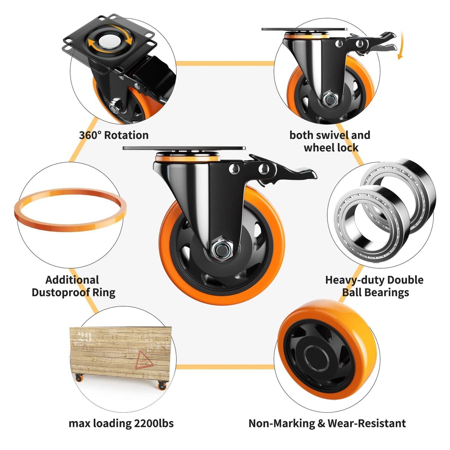 4 Inch Caster Wheels, Casters Set of 4, Heavy Duty Casters with Brake 2200 Lb...