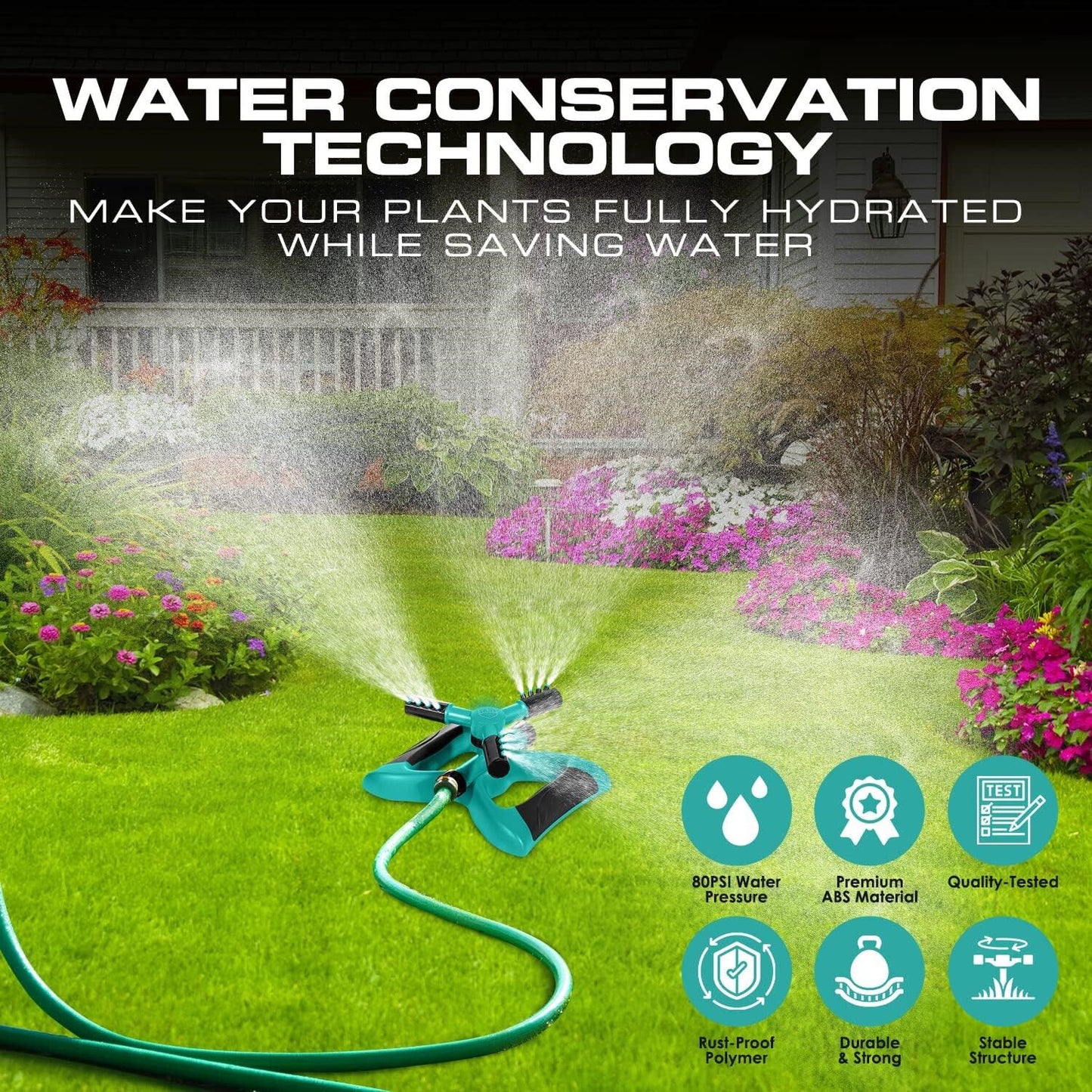 360° Automatic Rotating Lawn Sprinkler – Covers 30ft Range, Adjustable Arms, Leak-Proof Hose Connector, Garden & Yard Watering Tool for Even Coverage