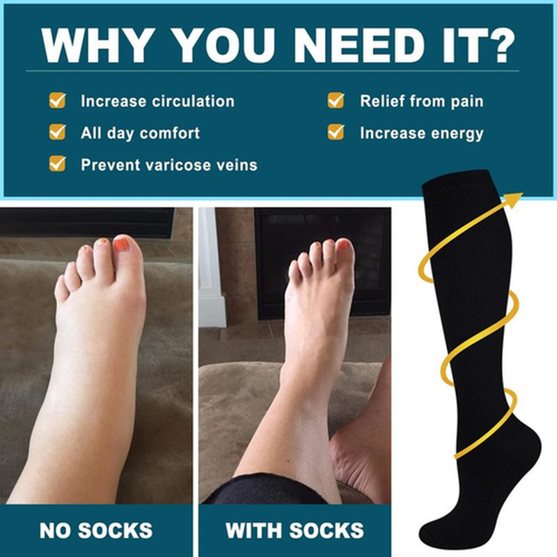 6 Pairs Support Socks Firm Compression Hose Opaque Knee High Wide Calf Stockings