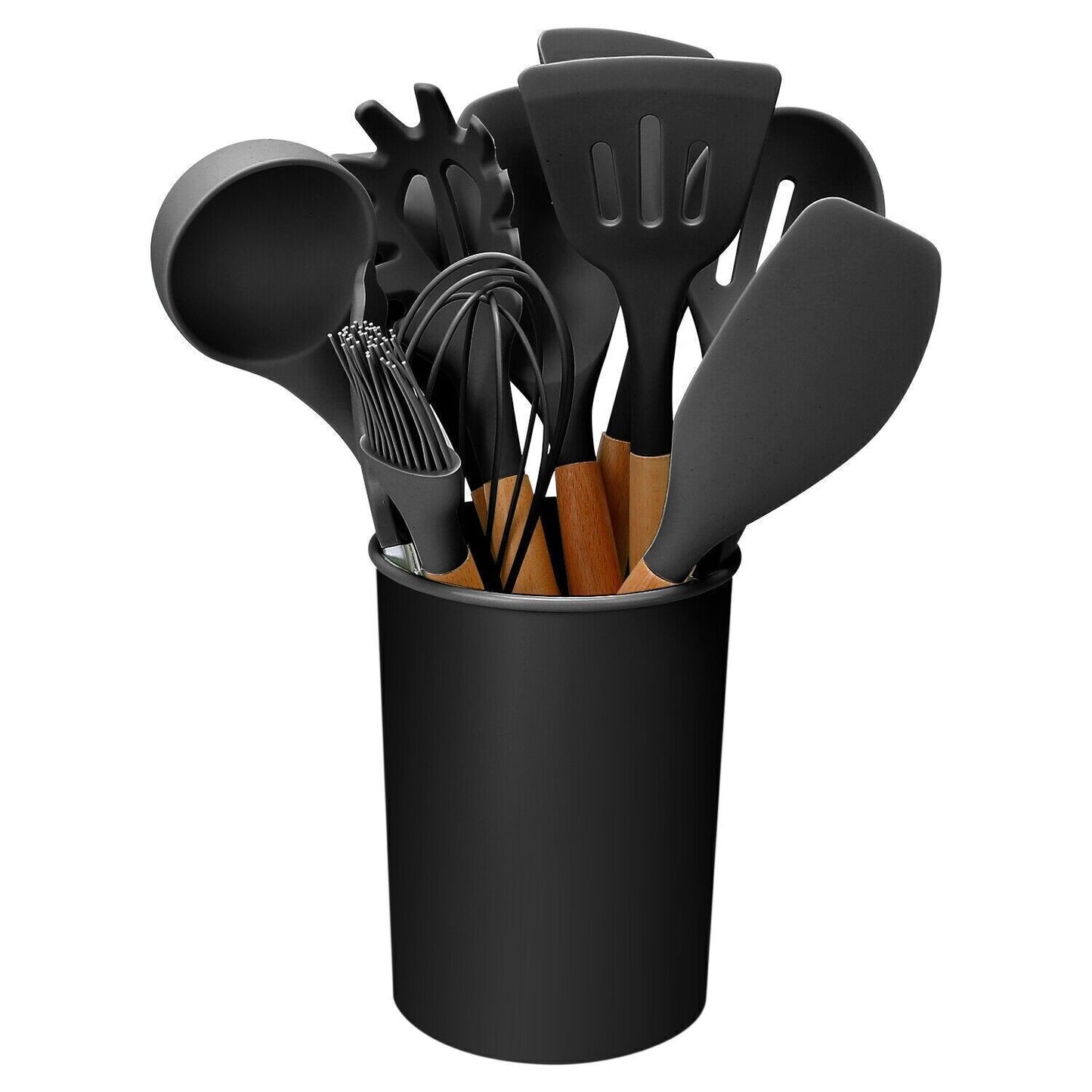 11Pcs Kitchen Silicone Cooking Utensil Set with Holder Heat Resist Wooden Handle
