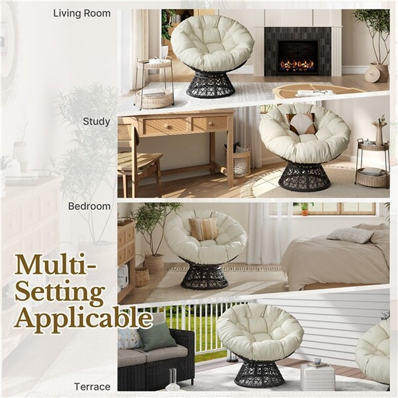 360° Ergonomic Swivel Wicker Papasan Chair with Thick Tufted Cushions for Garden