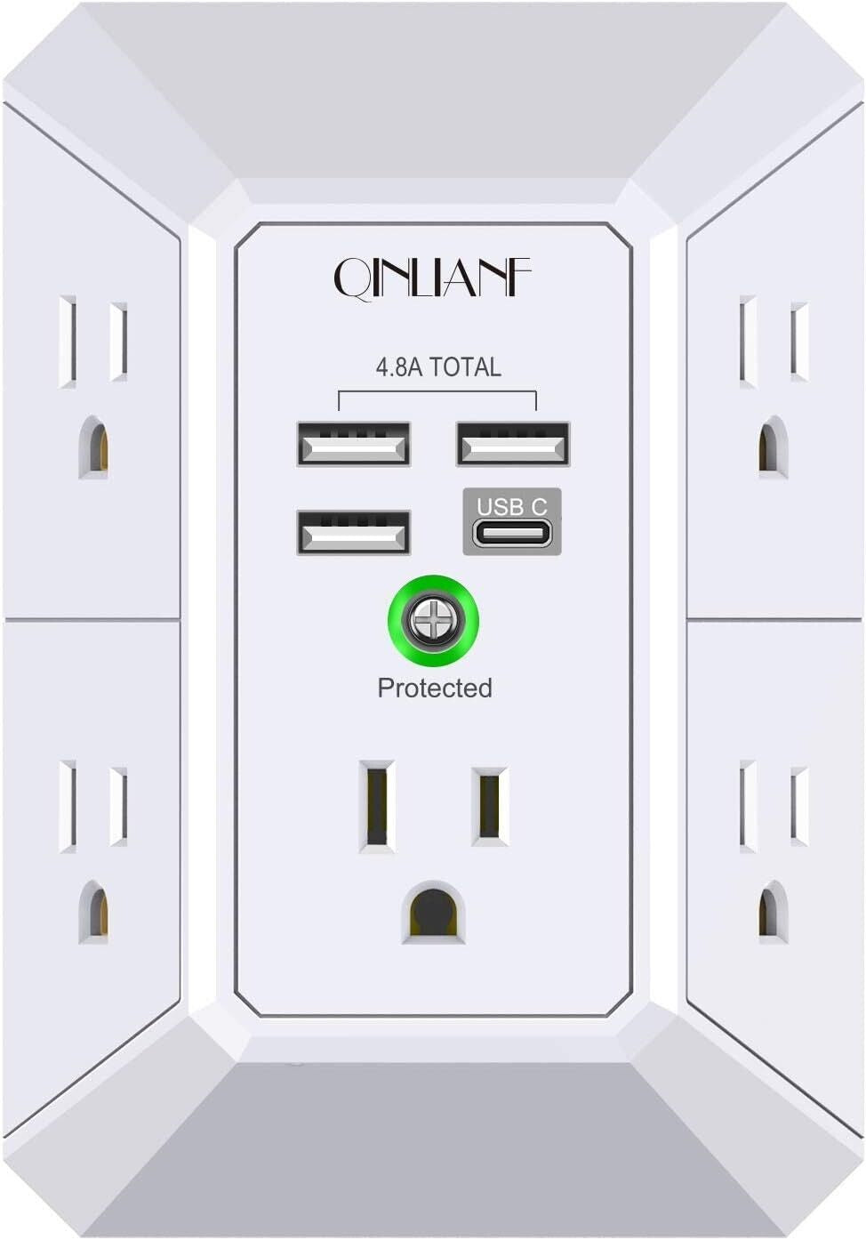 (5) Plugs, Type c, USB Wall Outlet with Surge Protection-5 Sockets with Fast Smart Charging for Iphone Android Samsung Apple Home Office Universal