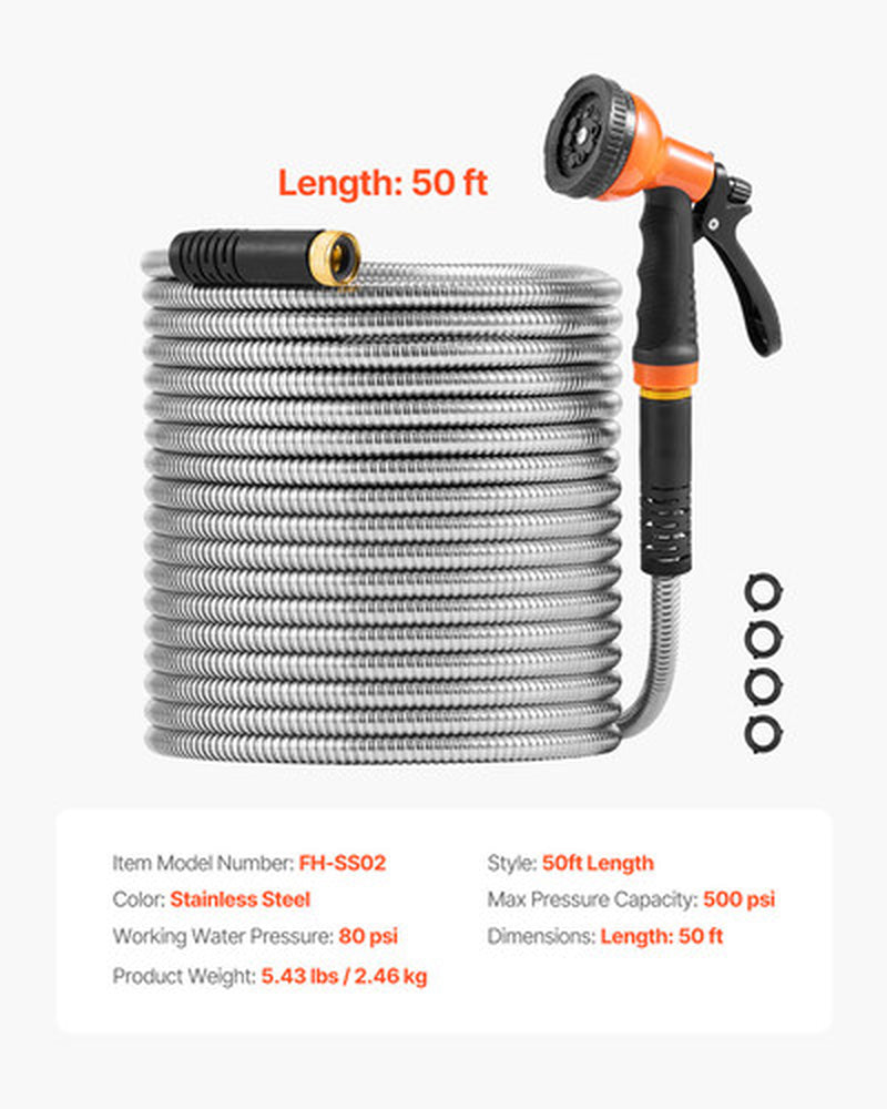 50Ft Metal Garden Hose Stainless Steel Water Hose Lightweight No Kink