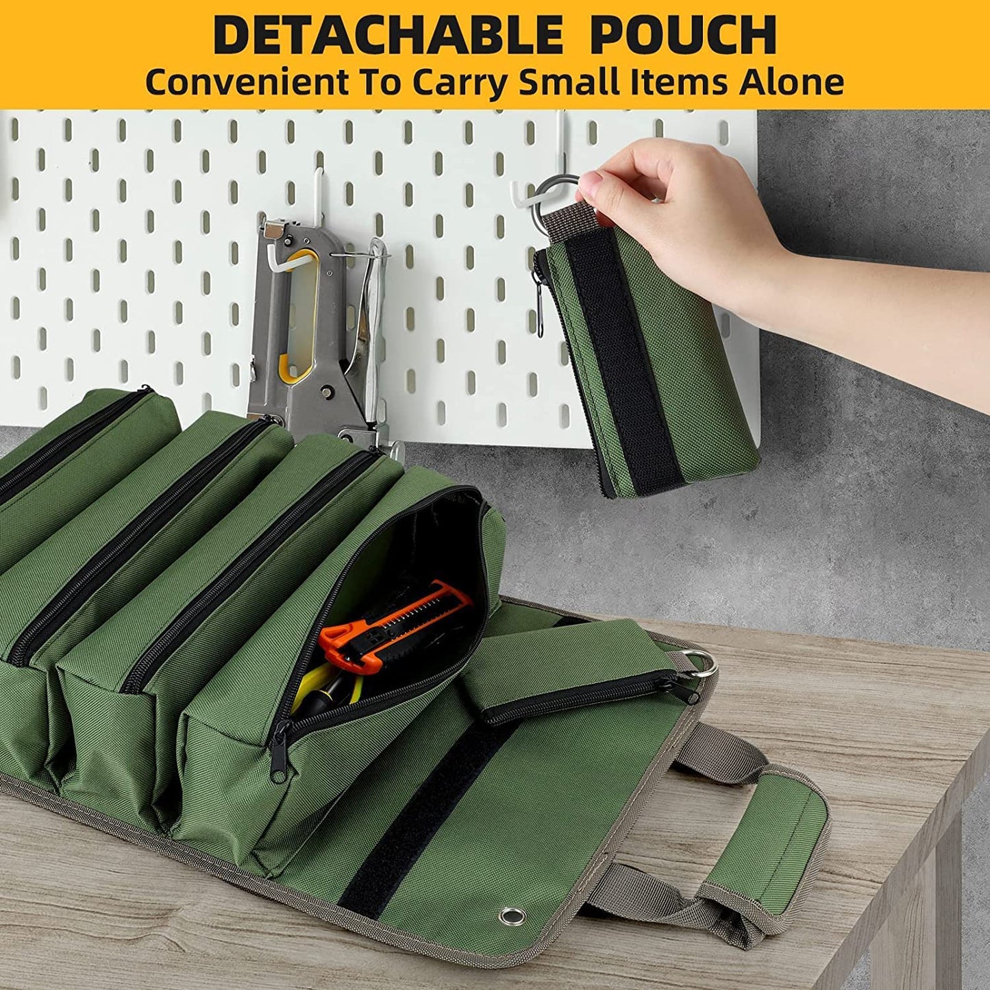 Tool Bag Roll Up, Heavy Duty Tool Organizer for Men Women, Portable Tool Storage with 2 Detachable Zipper Pouch, Compact Small Toolbag for Handyman RV Owners, Father Day Dad Birthday Gifts, Green