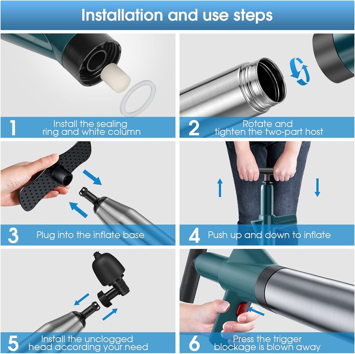 Toilet Plunger Drain Clog Remover Tools High Pressure Air Drain Blaster