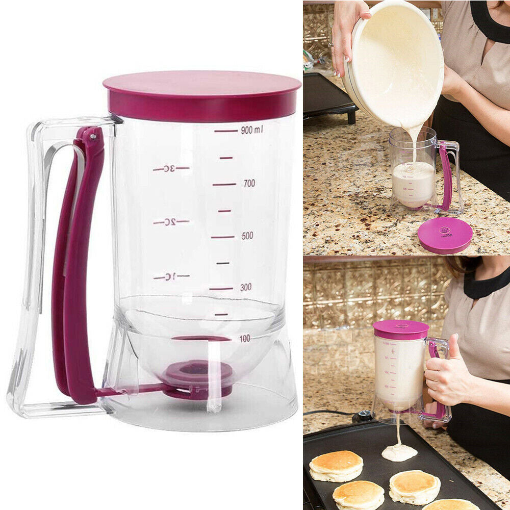 900ML Pancake Batter Dispenser | Easy Pour Measuring Cup for Muffins, Waffles & Cakes No Mess, Precision Control | Kitchen Must-Have Plastic Bakeware