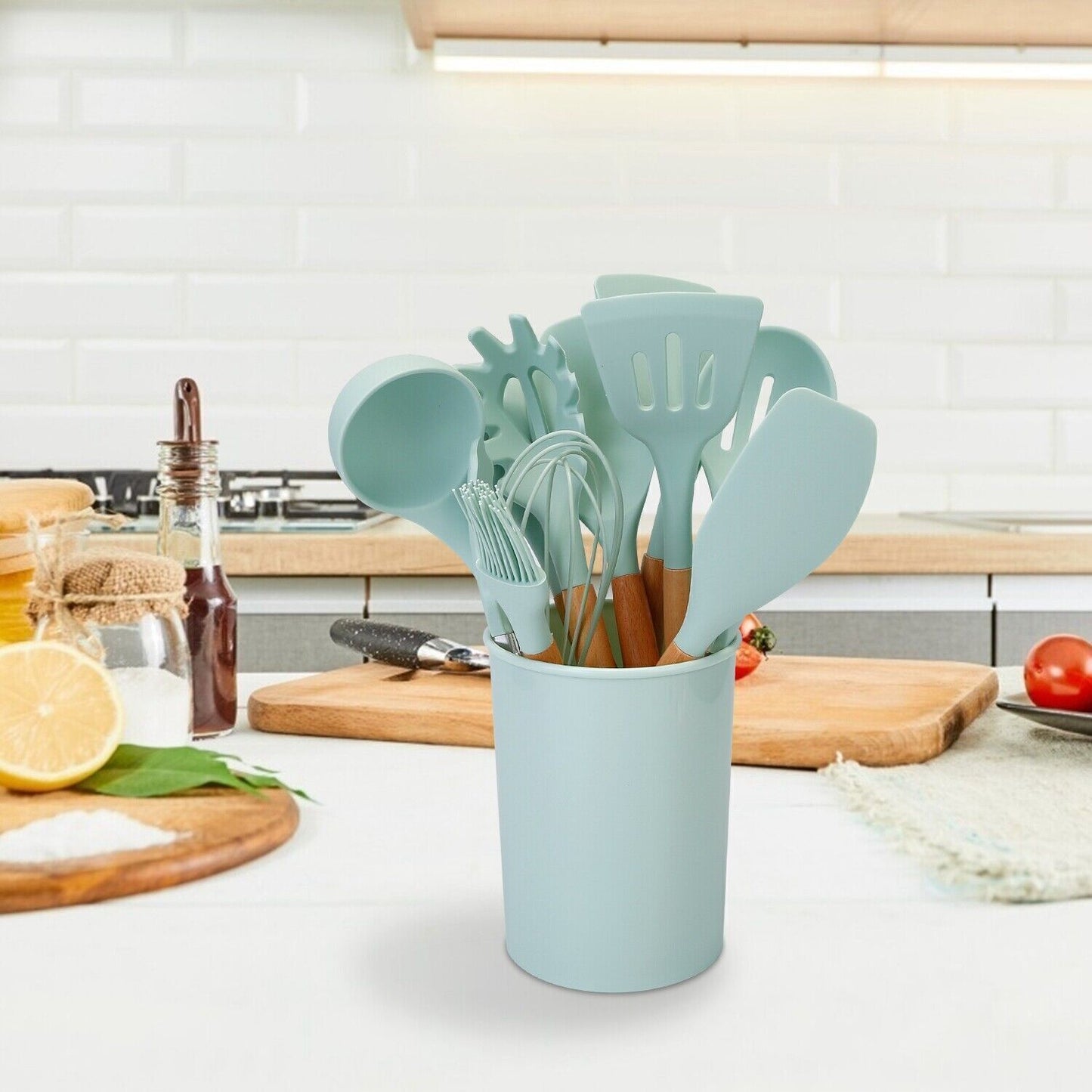 11Pcs Kitchen Silicone Cooking Utensil Set with Holder Heat Resist Wooden Handle