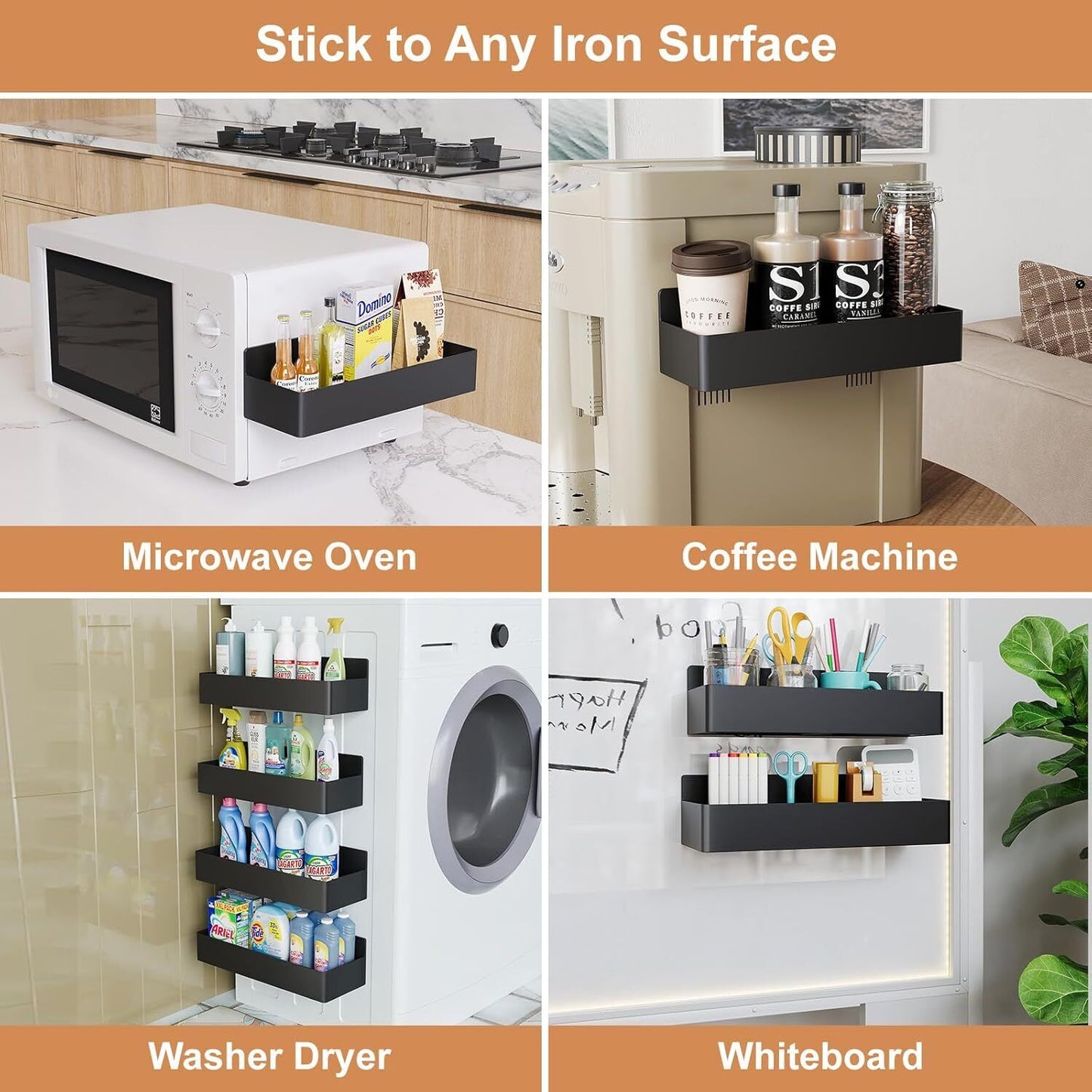 4-Pack Magnetic Spice Rack – Space-Saving Storage Shelf for Fridge, Oven or Wall | Aesthetic Pantry & Organization Small Kitchen Hack