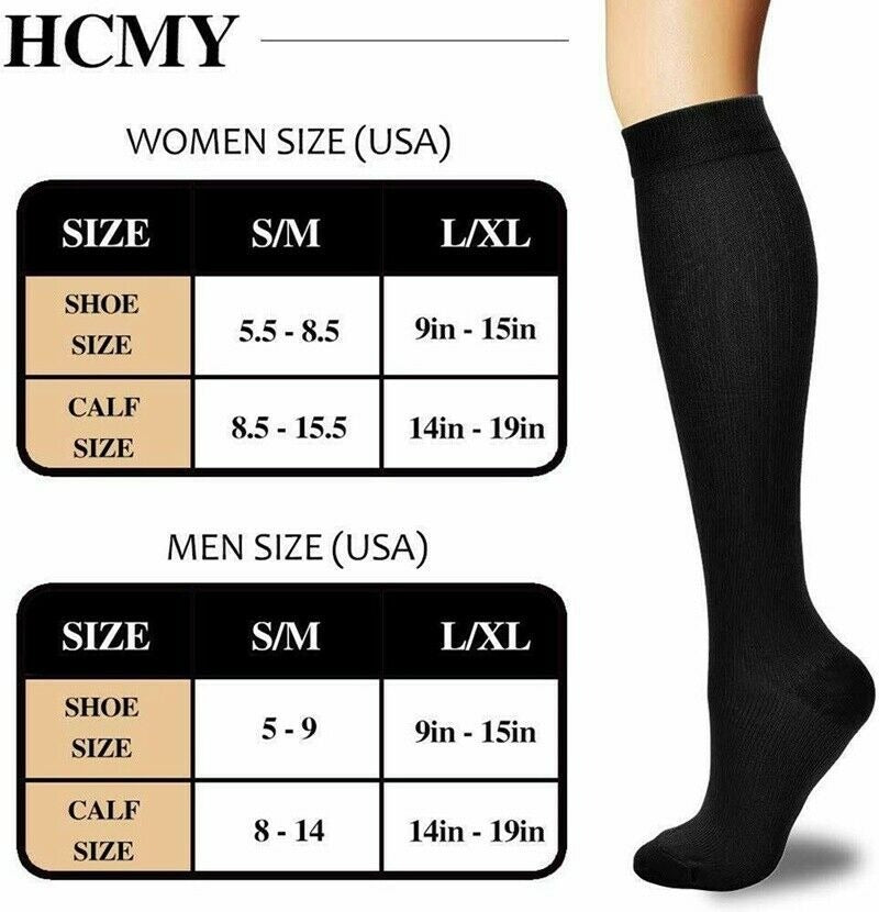6 Pairs Support Socks Firm Compression Hose Opaque Knee High Wide Calf Stockings