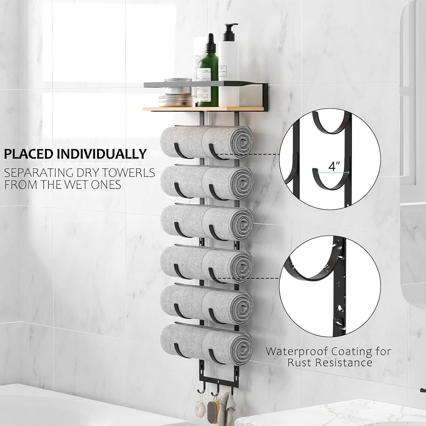 Towel Racks for Rolled Towels - Wall Mounted Bathroom Towel Holder with Wood Shelf & 3 Hooks, Space-Saving Vertical Storage for Small Bathrooms
