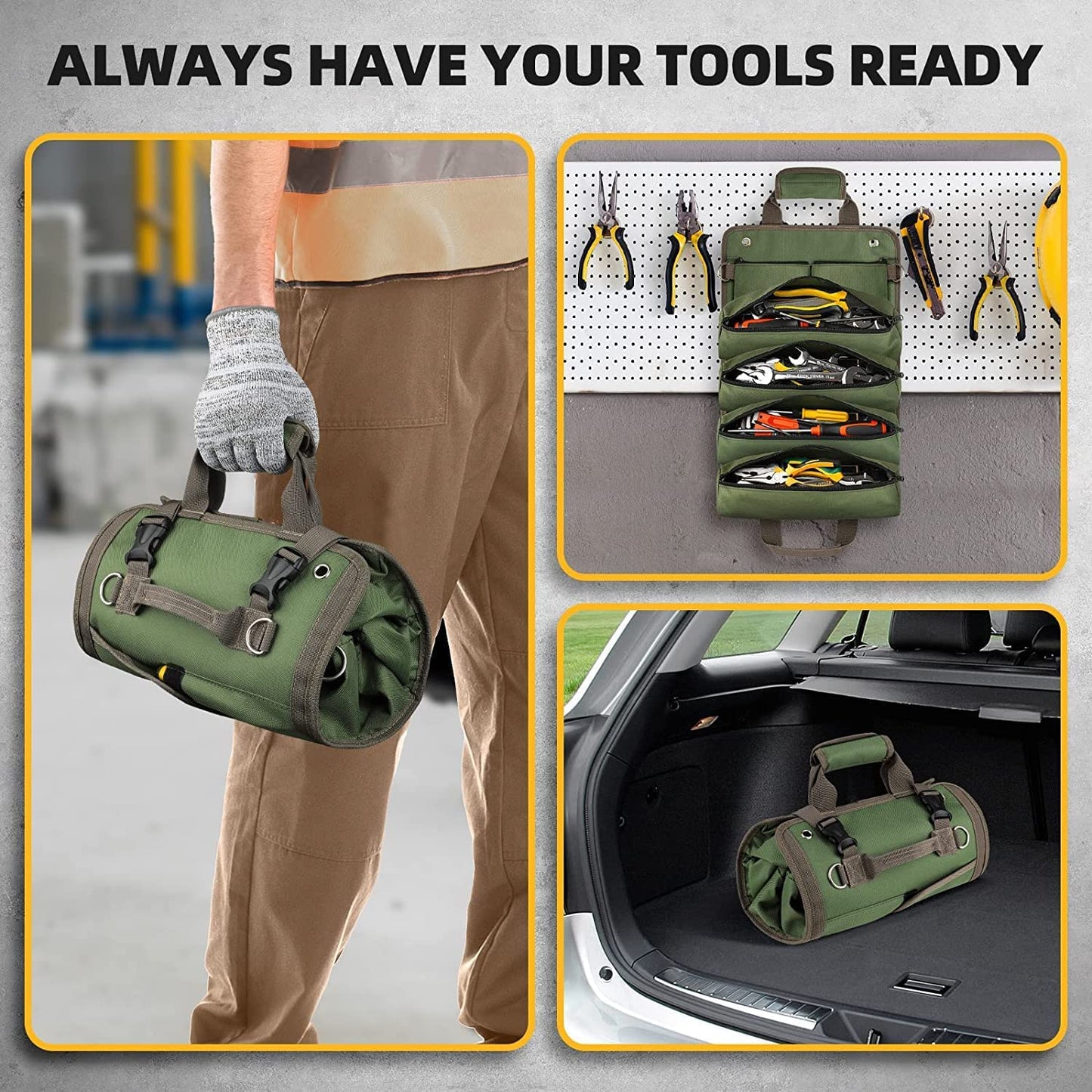 Tool Bag Roll Up, Heavy Duty Tool Organizer for Men Women, Portable Tool Storage with 2 Detachable Zipper Pouch, Compact Small Toolbag for Handyman RV Owners, Father Day Dad Birthday Gifts, Green