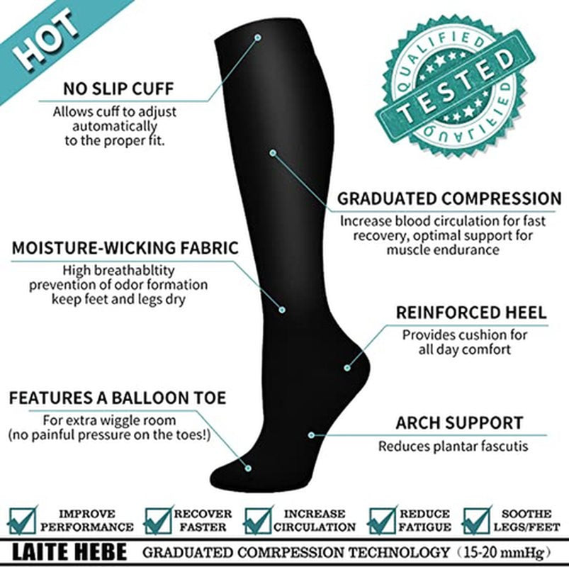 6 Pairs Support Socks Firm Compression Hose Opaque Knee High Wide Calf Stockings