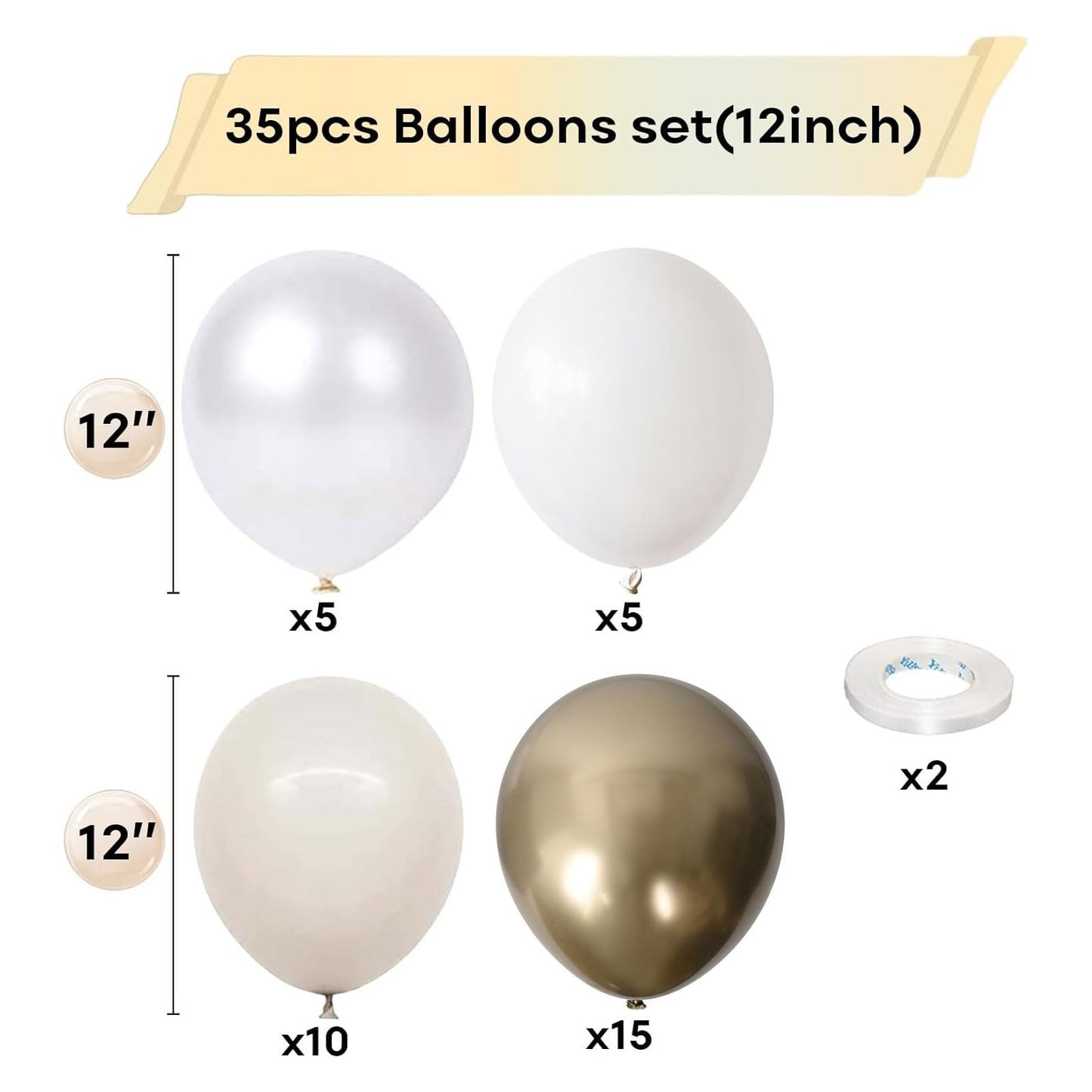 White and Gold Balloons, 12 Inch White Sand Gold Metallic Latex Balloons, Beige