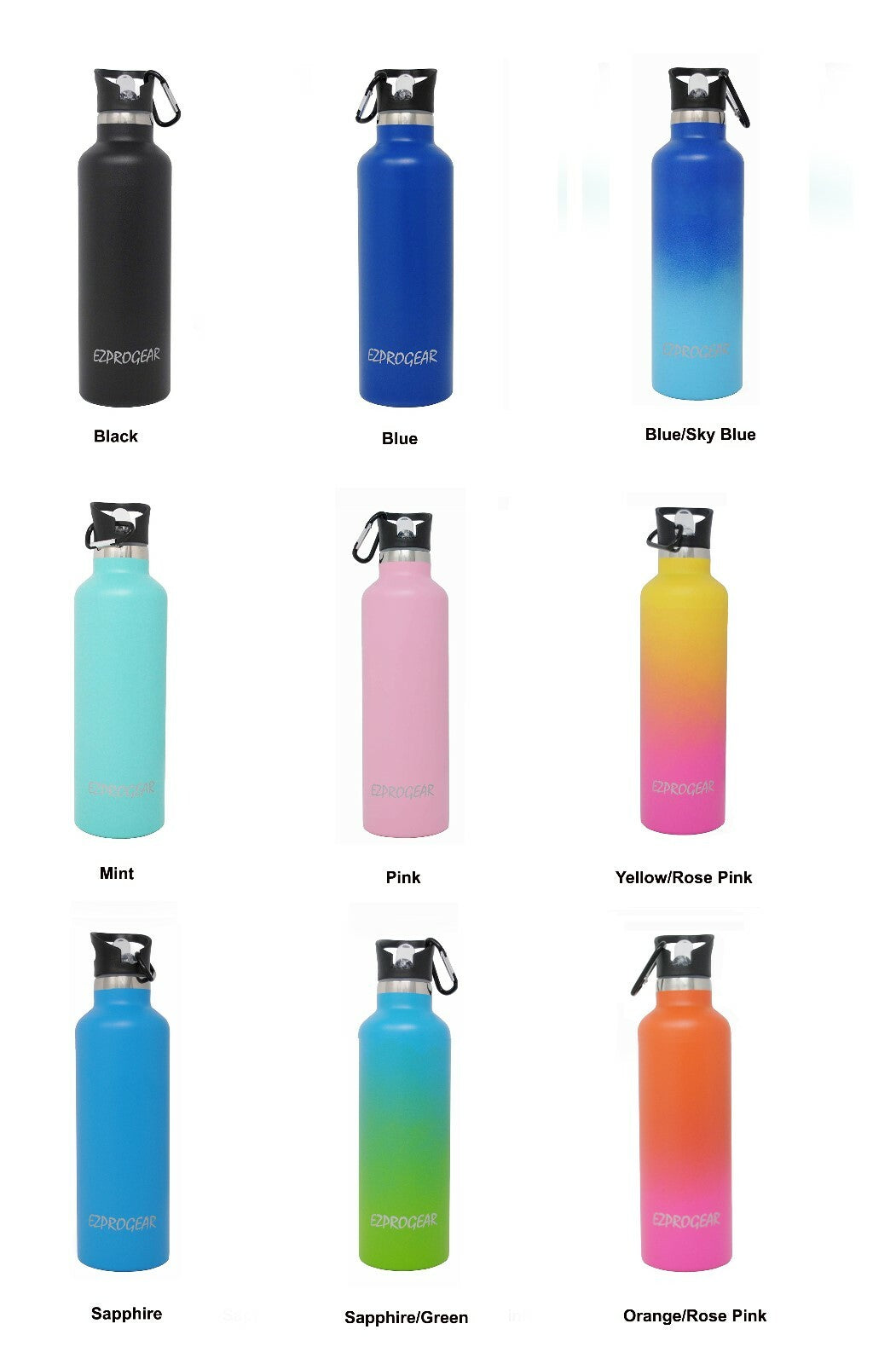 Stainless Steel Vacuum Insulated Double Wall Water Bottle W/3 Lid, Straws, Clip