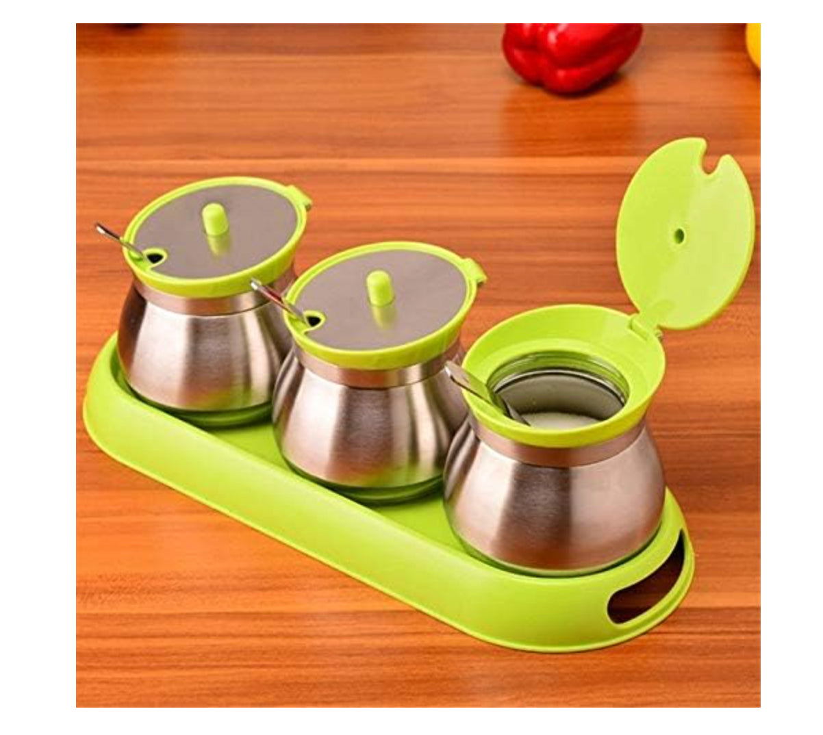 Seasoning Box with Lid, Spice Box Stainless Steel Glass Seasoning Jar Creative