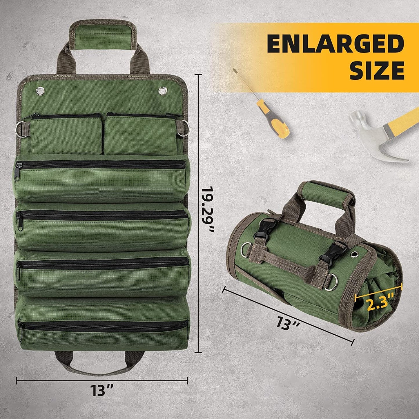 Tool Bag Roll Up, Heavy Duty Tool Organizer for Men Women, Portable Tool Storage with 2 Detachable Zipper Pouch, Compact Small Toolbag for Handyman RV Owners, Father Day Dad Birthday Gifts, Green