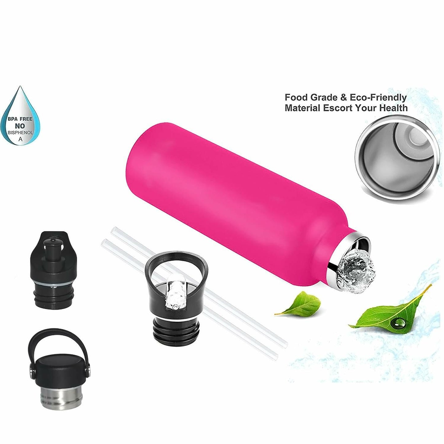 Stainless Steel Vacuum Insulated Double Wall Water Bottle W/3 Lid, Straws, Clip