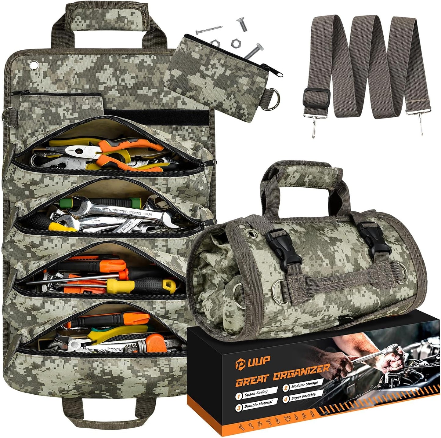 Tool Bag Roll Up, Heavy Duty Tool Organizer for Men Women, Portable Tool Storage with 2 Detachable Zipper Pouch, Compact Small Toolbag for Handyman RV Owners, Father Day Dad Birthday Gifts, Green