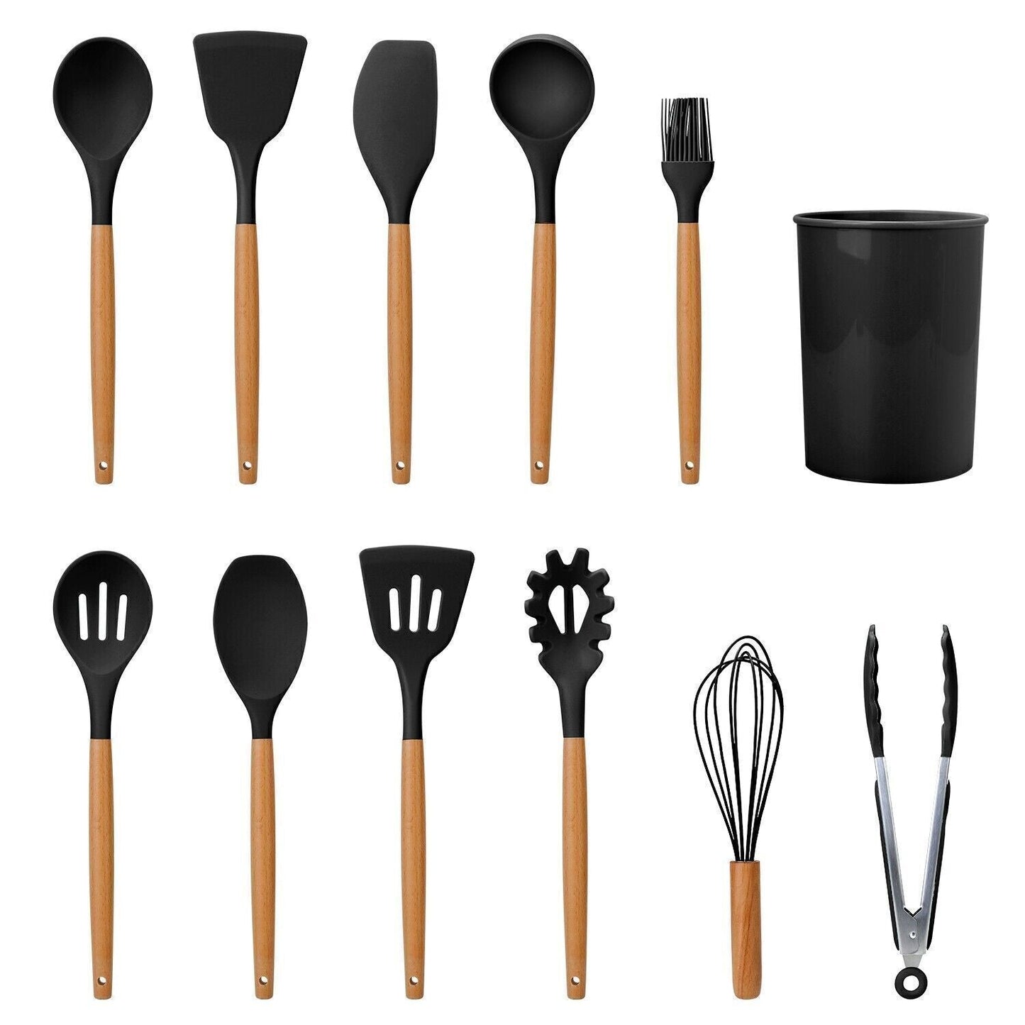 11Pcs Kitchen Silicone Cooking Utensil Set with Holder Heat Resist Wooden Handle