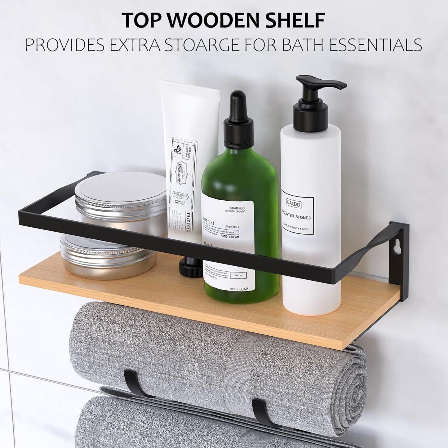 Towel Racks for Rolled Towels - Wall Mounted Bathroom Towel Holder with Wood Shelf & 3 Hooks, Space-Saving Vertical Storage for Small Bathrooms