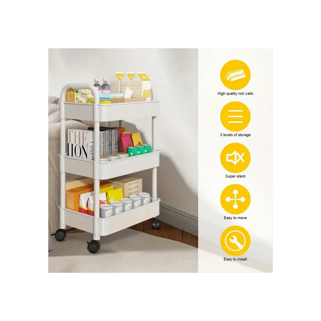 3-Tier Small Rolling Storage Cart Multi Purpose Utility Organizer White PVC