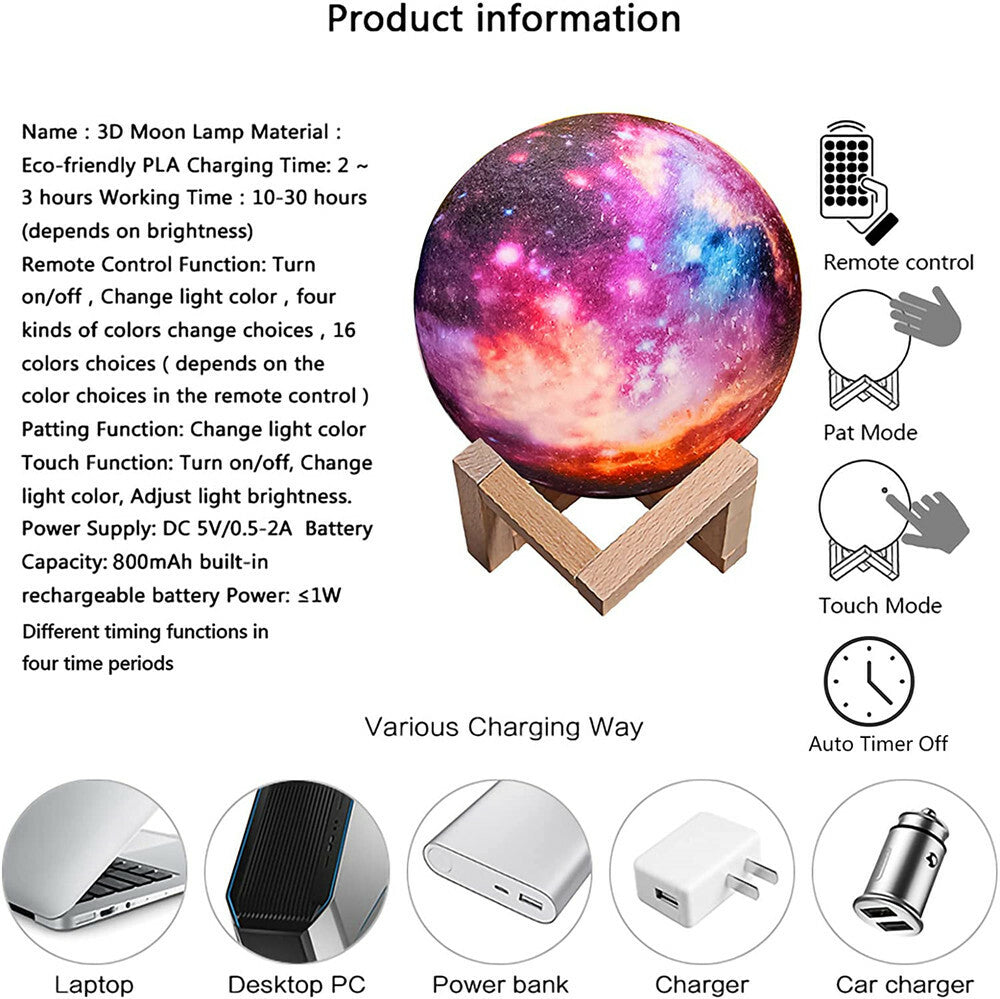 3D Printing Galaxy Lamp Moonlight USB LED Night Lunar Light Touch Color Changing