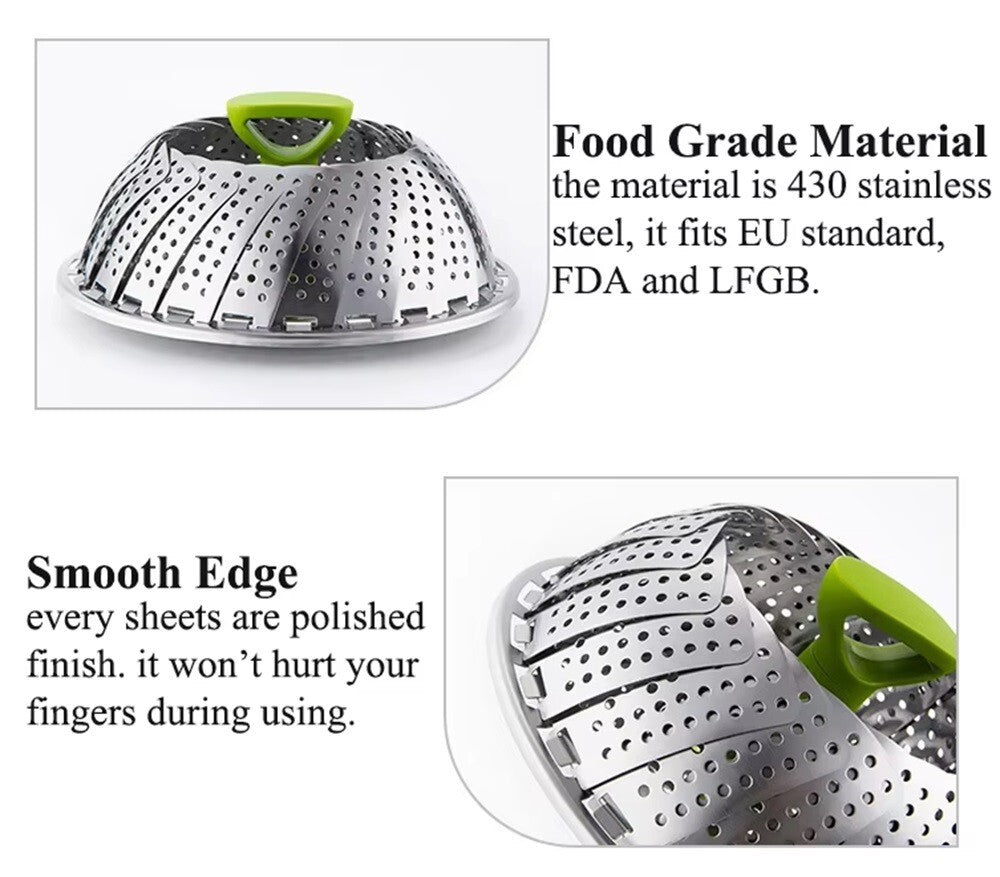 Folding Stainless Steel Steamer Basket 5.5–9″ – Expandable & Dishwasher‑Saf
