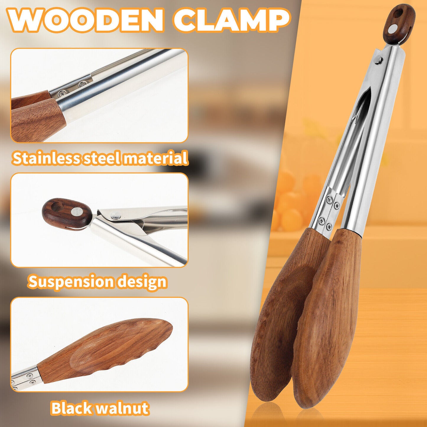 Walnut Wood Kitchen Tongs Food Serving Grill Multi Purpose Cooking Tongs