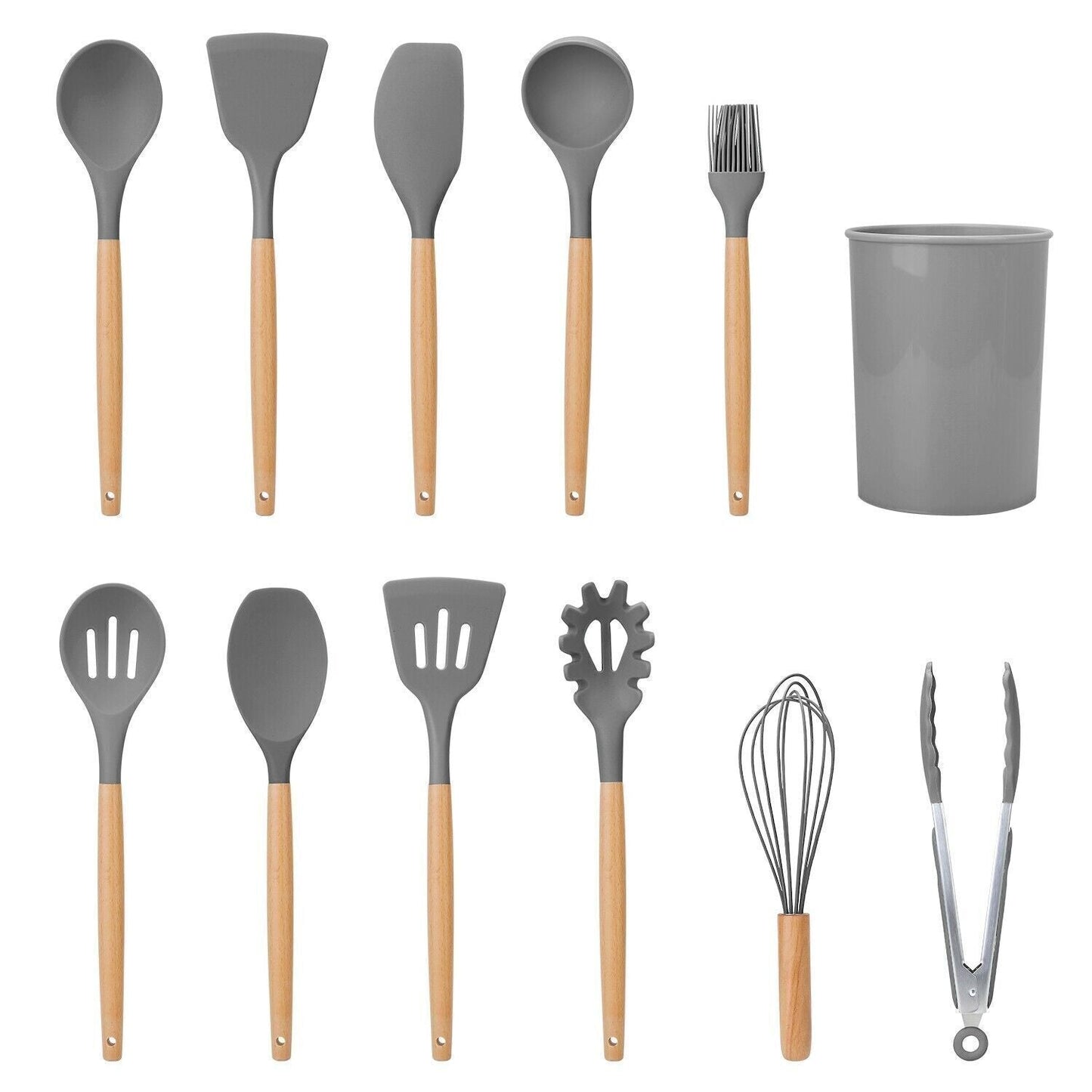 11Pcs Kitchen Silicone Cooking Utensil Set with Holder Heat Resist Wooden Handle