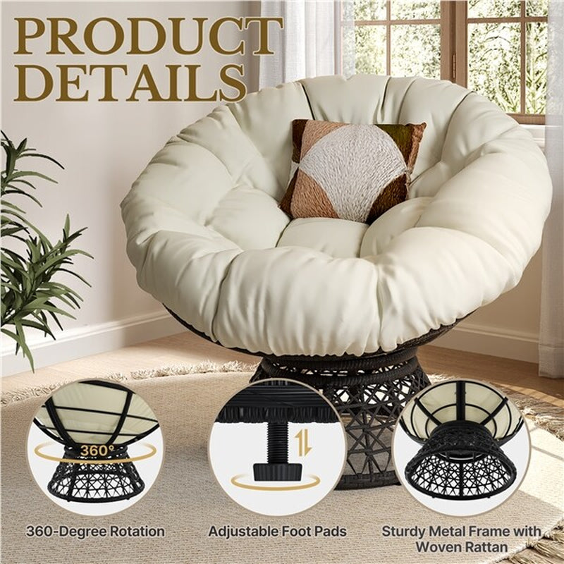 360° Ergonomic Swivel Wicker Papasan Chair with Thick Tufted Cushions for Garden