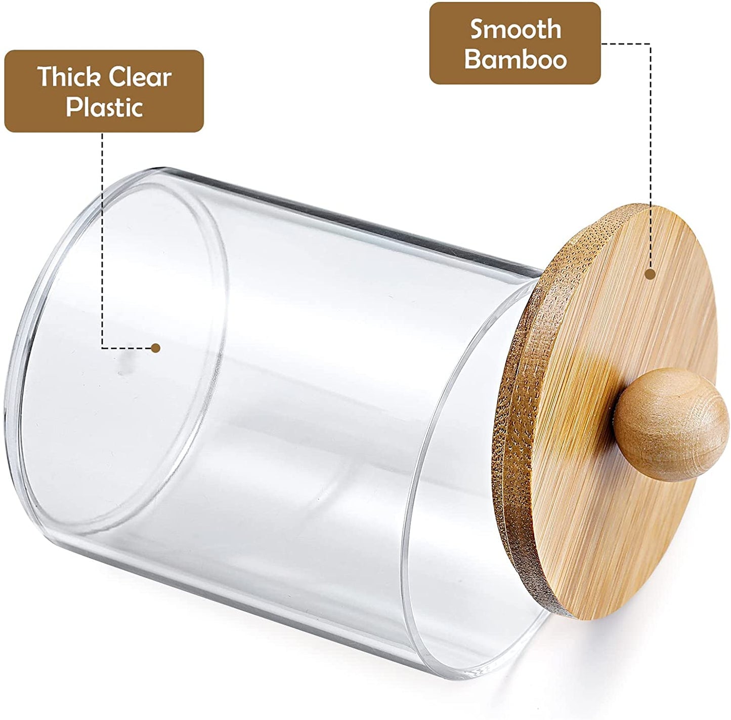 4 Pack Qtip Holder Dispenser with Bamboo Lids - 10 Oz Clear Plastic Apothecary