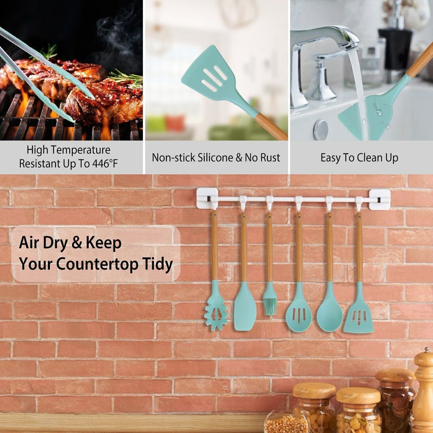11Pcs Kitchen Silicone Cooking Utensil Set with Holder Heat Resist Wooden Handle