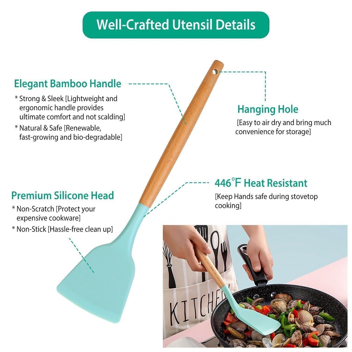 11Pcs Kitchen Silicone Cooking Utensil Set with Holder Heat Resist Wooden Handle