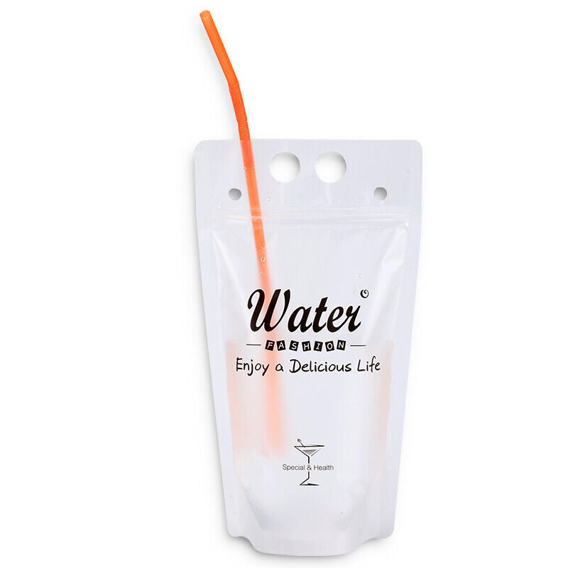 100PCS Drink Pouches Bags Stand-Up Zipper W/ Straws&Funnel for Cold & Hot Drinks