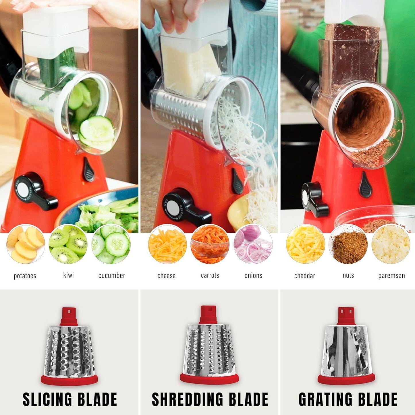 Trending Rotary Cheese Grater - Fast Hand Crank Slicer & Shredder | BPA-Free, 3 Drums, Non-Slip Base | Grate Veggies, Cheese & More Effortlessly