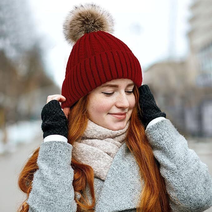 snow cap Winter Beanie for Women with Faux Fur PomPom – Warm Fleece Lined Knit Hat, Soft & Stretchy, Stylish & Thick for Cold Weather, Skiing