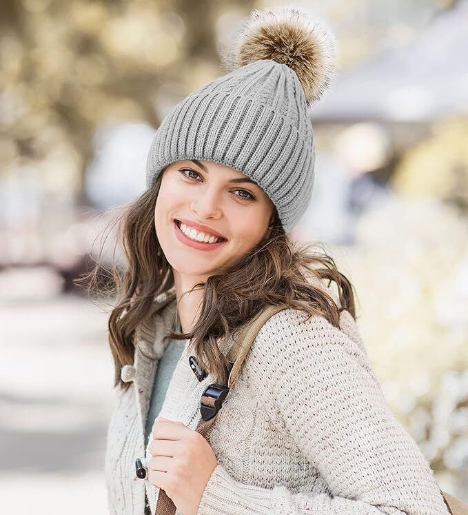 snow cap Winter Beanie for Women with Faux Fur PomPom – Warm Fleece Lined Knit Hat, Soft & Stretchy, Stylish & Thick for Cold Weather, Skiing