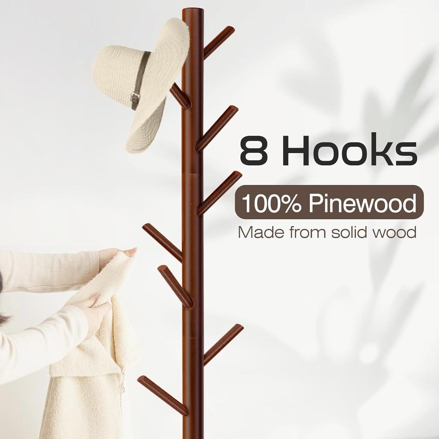 Modern Multifunctional Coat Hanger, Wooden Coat Rack Stand with Adjustable Height, 8 Hooks for Hats & Scarves - Space-Saving Entryway Organizer Sturdy