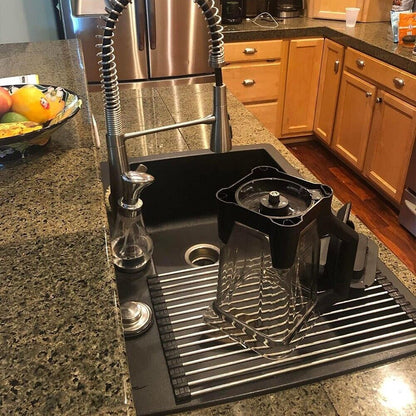 Large Kitchen Over Sink Drying Rack | Stainless Steel Roll-Up Dish Drainer & Cutting Board | Multi-Functional Space-Saving Food Prep Solution