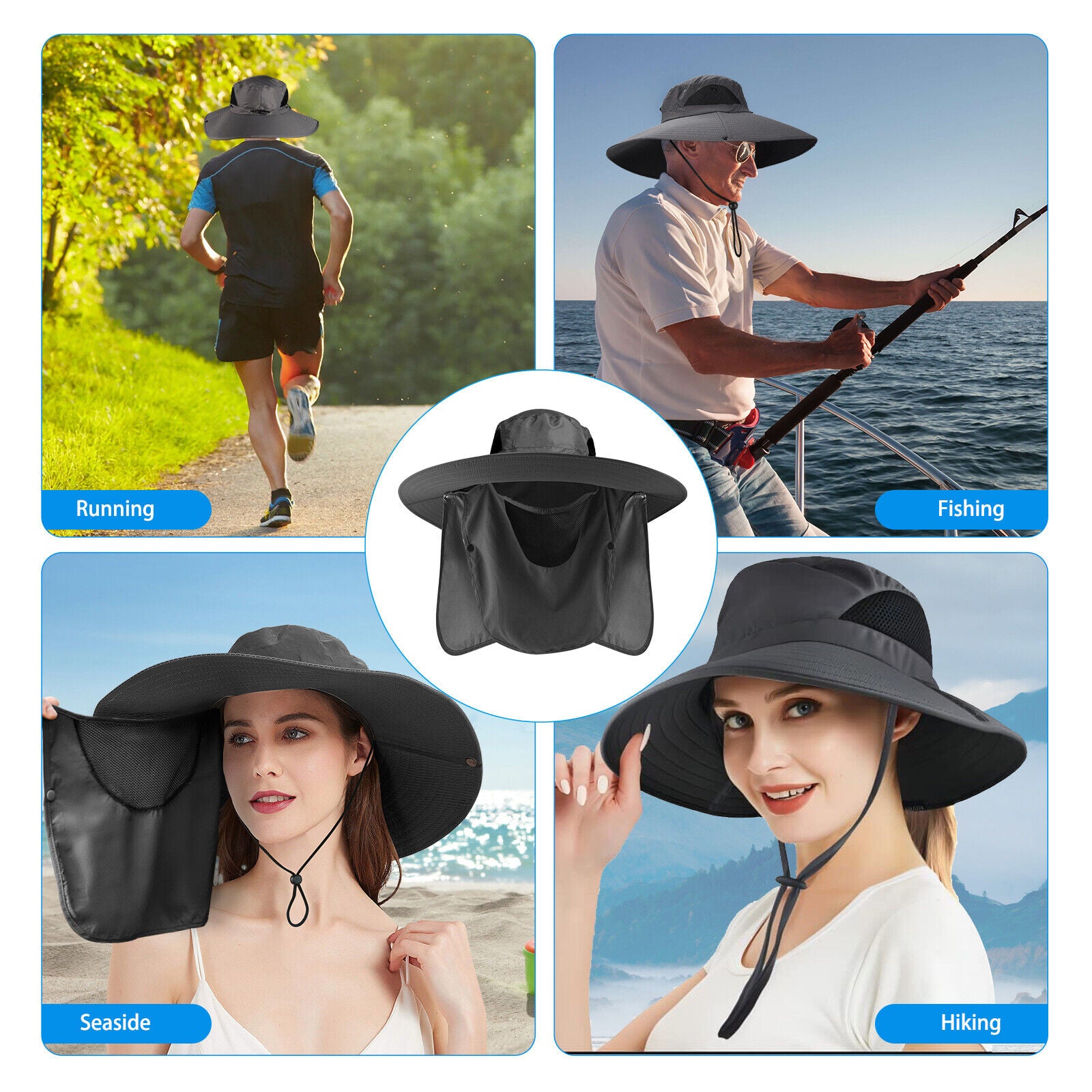 Wide Brim Sun Hat UV Protection Bucket Cap with Neck Flap for Hiking Camping Men
