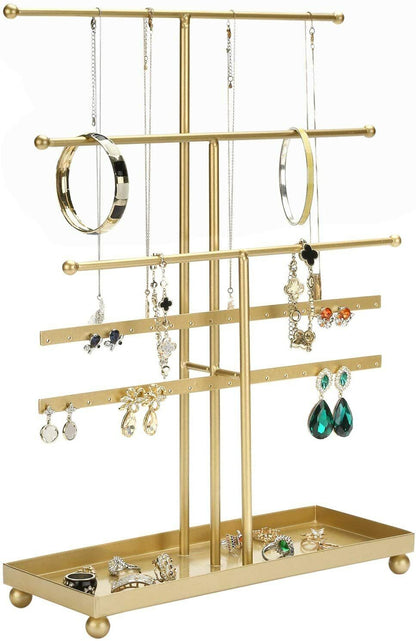 Gold Metal Jewelry Organizer - 5-Tier Tabletop Display Rack with T-Bars, Earring Holder for 18 Pairs, Ring Tray - Perfect for Home or Boutique